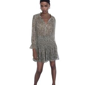 Zara Animal Print Leopard Dress Women’s Size Medium Long Sleeve Ruffle Hem Boho